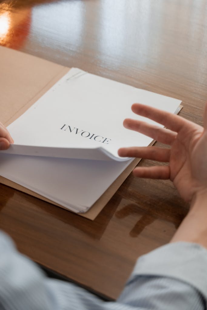 Businessman's hand going through invoices on a table, conveying business management concept.